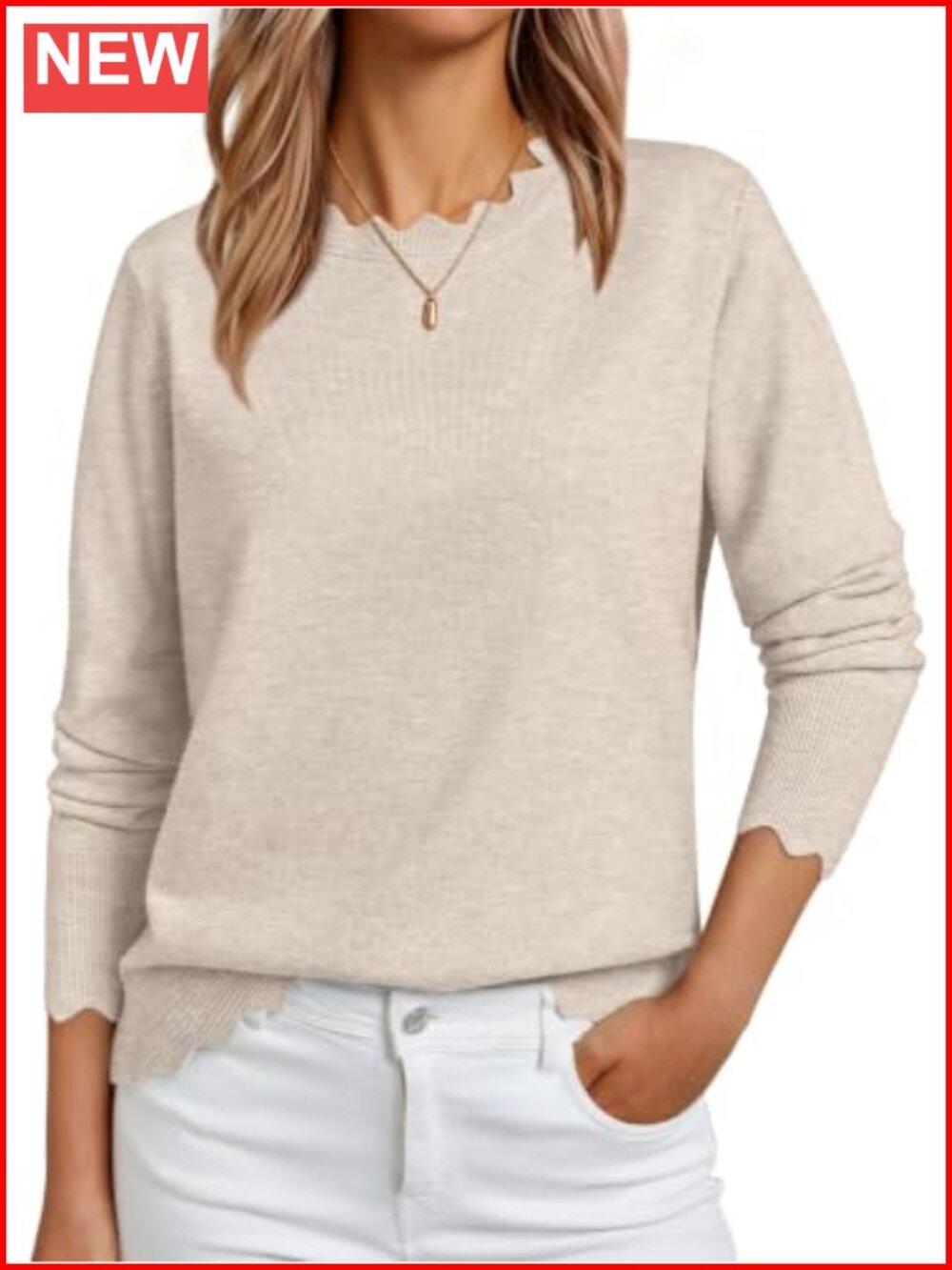 Women's Lightweight Loose Fit Scallop Neck Pullover Sweater